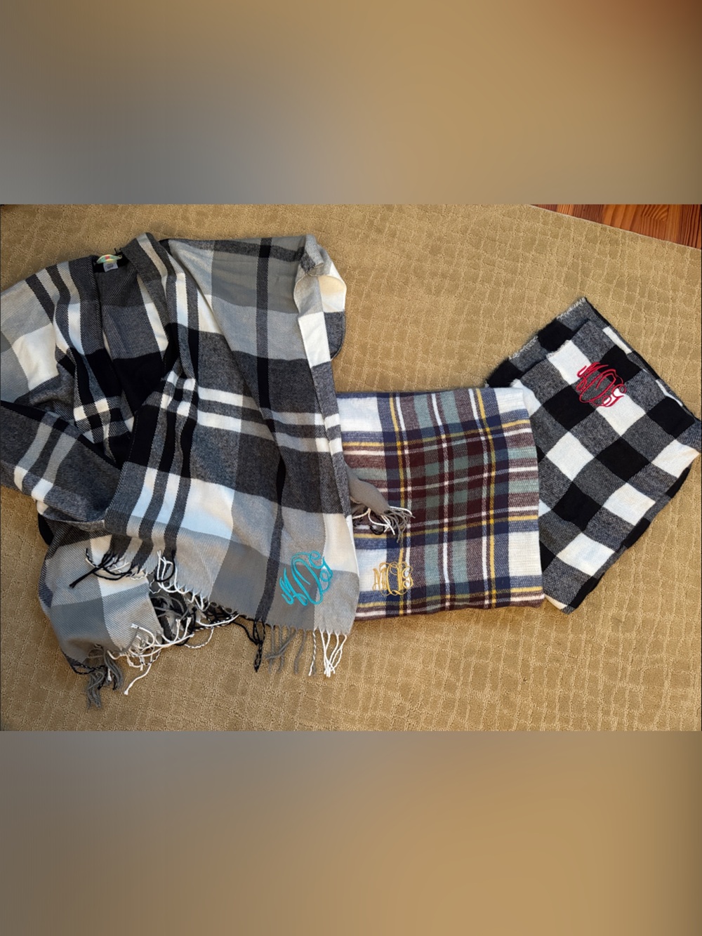 Monogrammed Plaid Scarf Set - Gray, Black, White, Burgundy